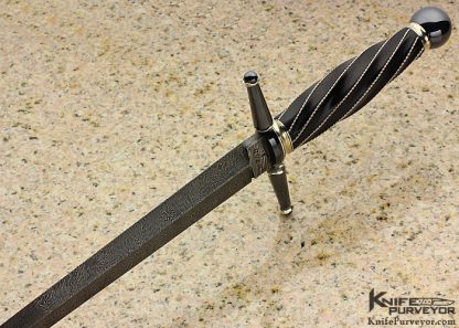 Tommy Gann Custom Knife M.S. 2011 Sole Authorship Damascus Fluted African Blackwood with Braided Silver Wire Stiletto Dagger - Image 7