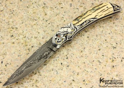 Jody Muller Custom Knife Engraved "Gun Fighter" Sole Authorship Damascus  Linerlock