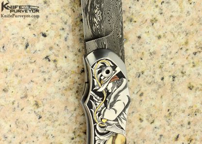 Jody Muller Custom Knife Engraved "Gun Fighter" Sole Authorship Damascus  Linerlock - Image 2