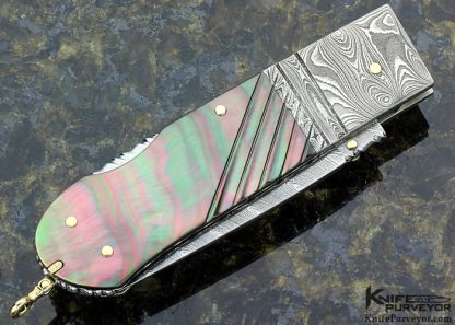 Barry Davis Custom Knife Sole Authorship Damascus with Fluted Blacklip Tahitian Pearl Shell with Gold Pins and Bale Lockback - Image 4