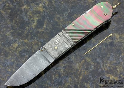 Barry Davis Custom Knife Sole Authorship Damascus with Fluted Blacklip Tahitian Pearl Shell with Gold Pins and Bale Lockback