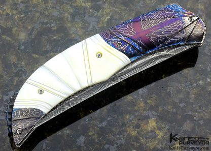 Rex Robinson Custom Knife Fluted South Sea Gold Lip Pearl Shell and Damascus Auto Linerlock - Image 3