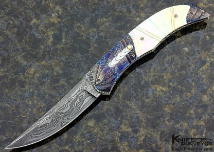 Rex Robinson Custom Knife Fluted South Sea Gold Lip Pearl Shell and Damascus Auto Linerlock