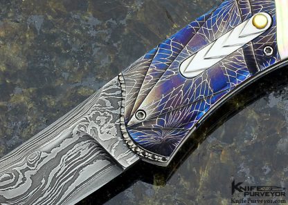 Rex Robinson Custom Knife Fluted South Sea Gold Lip Pearl Shell and Damascus Auto Linerlock - Image 2