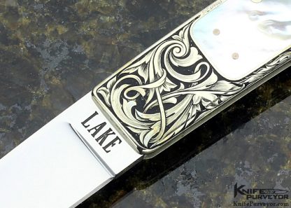 Ron Lake Custom Knife Mother of Pearl Interframe Tail Lock Engraved by Ron Skaggs - Image 2