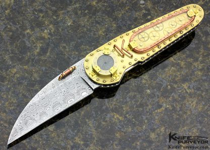 Van Barnett Custom Knife AKI 2013 "Time Machine" Damascus  and Copper Linerlock