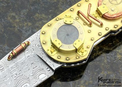 Van Barnett Custom Knife AKI 2013 "Time Machine" Damascus  and Copper Linerlock - Image 2