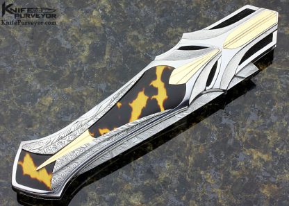 Ron Best Custom Knife Fluted, Stippled and Mirror Polished 416 Stainless Steel with Exotic Material and 14Kt Gold Inlaid Automatic Lockback Dagger - Image 4