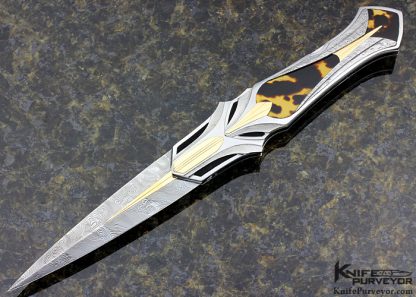 Ron Best Custom Knife Fluted, Stippled and Mirror Polished 416 Stainless Steel with Exotic Material and 14Kt Gold Inlaid Automatic Lockback Dagger