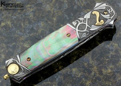 Stephen Olszewski Custom Knife Carved Damascus with 24 Kt gold Inlays & Black Lip Auto Linerlock Dagger - Image 4