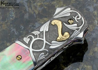 Stephen Olszewski Custom Knife Carved Damascus with 24 Kt gold Inlays & Black Lip Auto Linerlock Dagger - Image 5