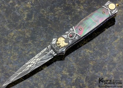 Stephen Olszewski Custom Knife Carved Damascus with 24 Kt gold Inlays & Black Lip Auto Linerlock Dagger