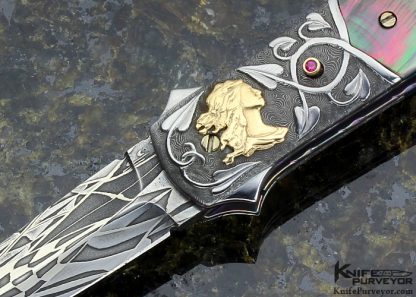 Stephen Olszewski Custom Knife Carved Damascus with 24 Kt gold Inlays & Black Lip Auto Linerlock Dagger - Image 2