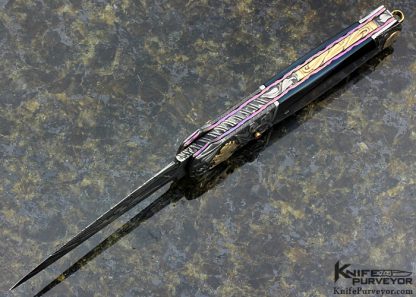 Stephen Olszewski Custom Knife Carved Damascus with 24 Kt gold Inlays & Black Lip Auto Linerlock Dagger - Image 7