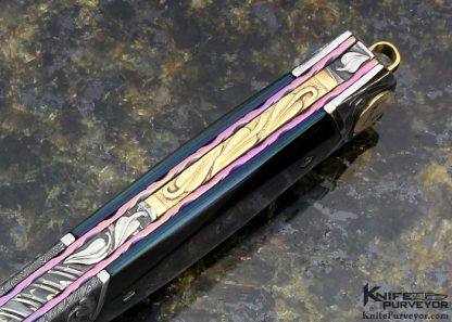 Stephen Olszewski Custom Knife Carved Damascus with 24 Kt gold Inlays & Black Lip Auto Linerlock Dagger - Image 8