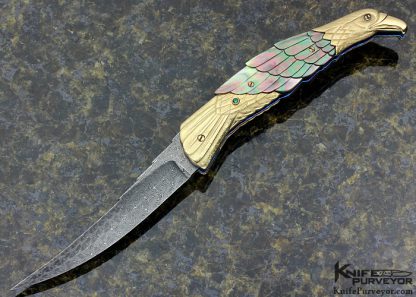 Stephen Olszewski Custom Knife 14Kt "Golden Eagle" Linerlock Robert Eggerling Damascus Automatic Linerlock