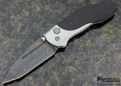 Allen Elishewitz Custom Knife Creedmore Damascus and Carbon Fiber Auto Button Lock