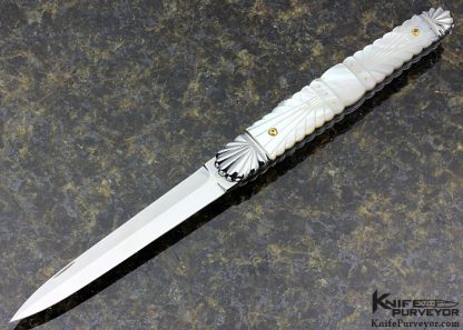 Ken Steigerwalt Custom Knife Mother of Pearl Shell with Gold Pins and Scalloped 416 Stainless Steel Front Lock Dagger