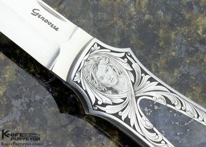 Rick Genovese Custom Knife Engraved by Ray Cover Jr. with Blue Granit Interframe Inlay Lockback Dagger - Image 2