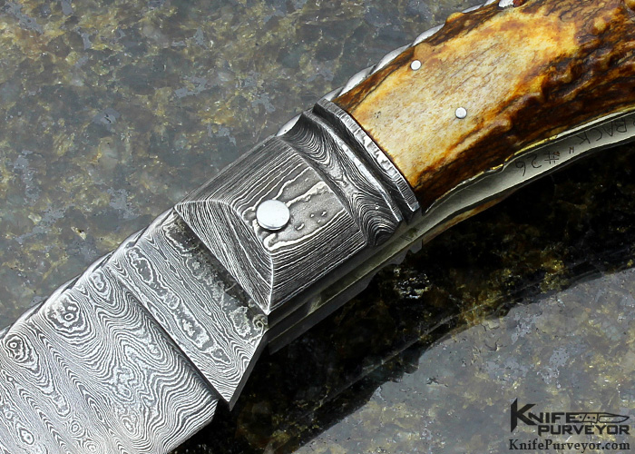 Jim Schmidt Custom Knife Sole Authorship Damascus & Crown Stag Lockback  Folder Signed (Schmidt 7/1/81 Grendell #24) - Knife Purveyor