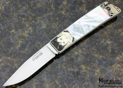 Frank Centofante Custom Knife Mother of Pearl Shell Rear Lock Engraved by Tim George