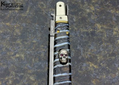 Arlin "SloJoe" Walker Custom Knife Picklock Auto with Swedish Damascus  with Sterling Silver Skull Release Button - Image 2