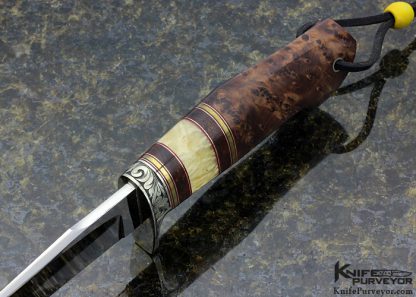 D'Holder Custom Knife Engraved by Pat Holder Natchez with Musk Ox Horn and Royal Russian Walnut Clip Blade Hunter - Image 6