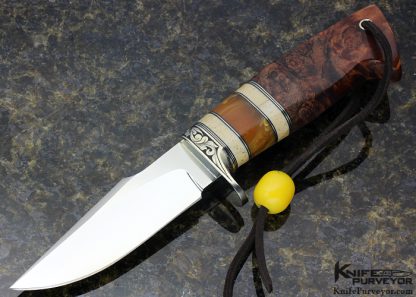 D'Holder Custom Knife Engraved by Pat Holder with Oosic, Redwood Burl and Yellow Amber Natchez Clip Blade Hunter