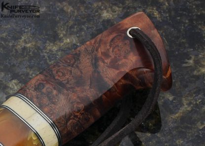 D'Holder Custom Knife Engraved by Pat Holder with Oosic, Redwood Burl and Yellow Amber Natchez Clip Blade Hunter - Image 3