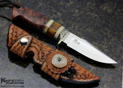 D'Holder Custom Knife Engraved by Pat Holder with Oosic, Redwood Burl and Yellow Amber Natchez Clip Blade Hunter - Image 7