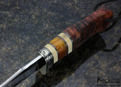 D'Holder Custom Knife Engraved by Pat Holder with Oosic, Redwood Burl and Yellow Amber Natchez Clip Blade Hunter - Image 5