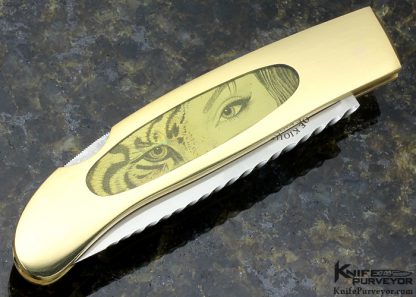 Joe Kious Custom Knife Ron Luebke Jr Engraved with Amber and 18 Kt Gold Interframe Lockback - Image 4