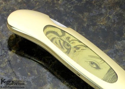 Joe Kious Custom Knife Ron Luebke Jr Engraved with Amber and 18 Kt Gold Interframe Lockback - Image 7