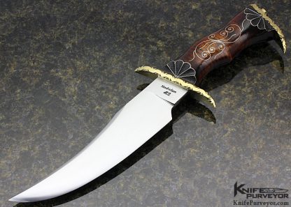 Jay Hendrickson M.S. Custom Knife Filework Brass, Hand Forged W2 Steel ST-23 Fighter with Fine Silver Wire Inlaid Curly Maple with Extended Tang