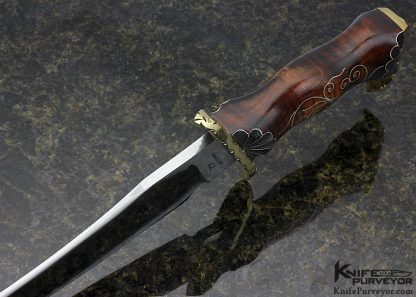 Jay Hendrickson M.S. Custom Knife Filework Brass, Hand Forged W2 Steel ST-23 Fighter with Fine Silver Wire Inlaid Curly Maple with Extended Tang - Image 5