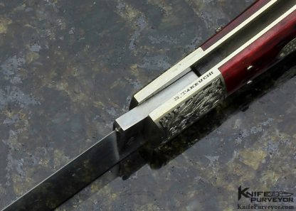 Jess Horn Custom Knife Engraved by S. Takeuchi 1980 Kansas City Red Jigged Bone Bullet Lockback - Image 7