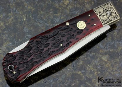 Jess Horn Custom Knife Engraved by S. Takeuchi 1980 Kansas City Red Jigged Bone Bullet Lockback - Image 4