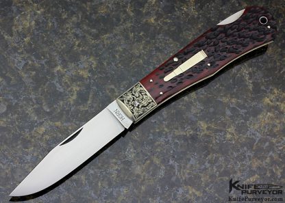 Jess Horn Custom Knife Engraved by S. Takeuchi 1980 Kansas City Red Jigged Bone Bullet Lockback