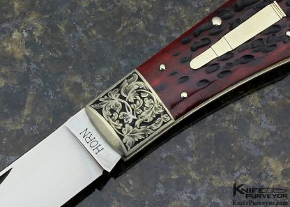 Jess Horn Custom Knife Engraved by S. Takeuchi 1980 Kansas City Red Jigged Bone Bullet Lockback - Image 2