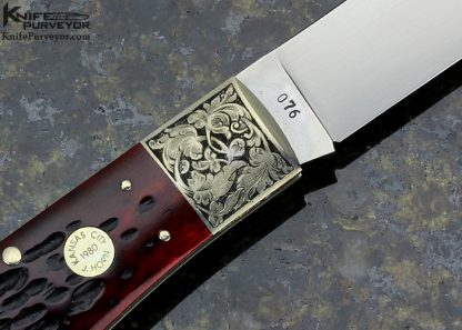 Jess Horn Custom Knife Engraved by S. Takeuchi 1980 Kansas City Red Jigged Bone Bullet Lockback - Image 3