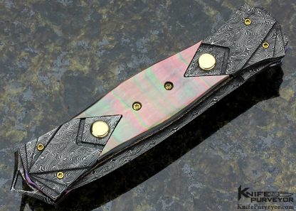 Mark W Steinbrecher Custom Knife Auto with Fluted Damascus and Black Lip Tahitian Pearl Shell Linerlock - Image 3