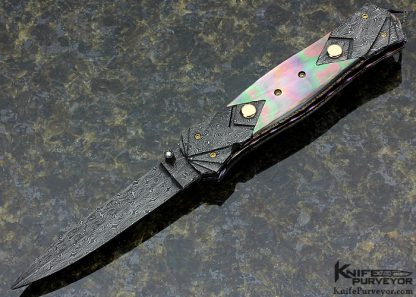 Mark W Steinbrecher Custom Knife Auto with Fluted Damascus and Black Lip Tahitian Pearl Shell Linerlock