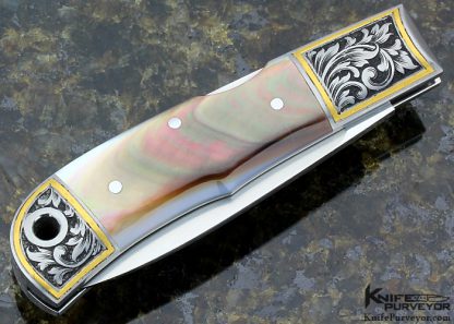 Ryuichi Kawamura Custom Knife Black Lip Tahitian Pearl Shell Lockback Engraved by Jon Robyn - Image 4