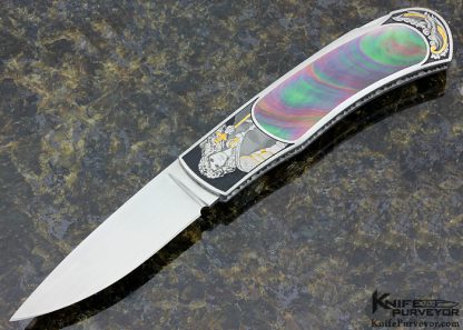 John W. Smith Custom Knife Engraved Black Lip Tahitian Pearl Shell Inlay Lockback