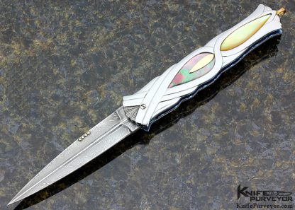 Stephen Olszewski Custom Knife Flowing Ribbons Carved Art Deco with Gold Lip & Black Lip Tahitian Pearl Shell Inlay with Gold Linerlock