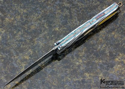 Stephen Olszewski Custom Knife Flowing Ribbons Carved Art Deco with Gold Lip & Black Lip Tahitian Pearl Shell Inlay with Gold Linerlock - Image 4