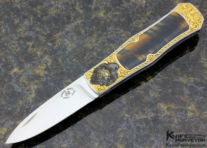 Steve Hoel Custom Knife Tiger Eye Interframe Coke Bottle Lockback Engraved by Lee Griffiths with 24Kt. Gold Inlays