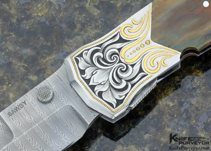 Scott Sawby Custom Knife Jerry Rados Damascus Large "Kingfisher" Self Lock Engraved by Julie Warenski - Image 2