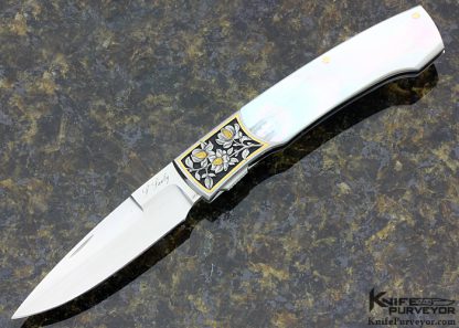 Scott Sawby Custom Knife Mother of Pearl Shell Self Lock Engraved by Marian Sawby