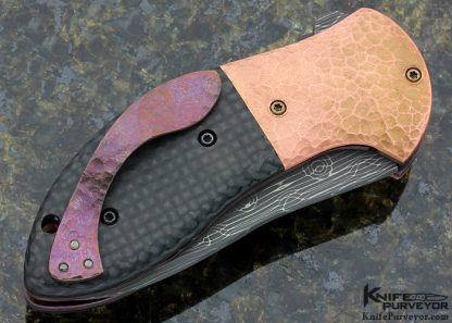 Eric Ochs Custom Knife "Vines & Roses" Damascus, Carbon Fiber & Hammered Copper Peregrine Flipper - Image 4